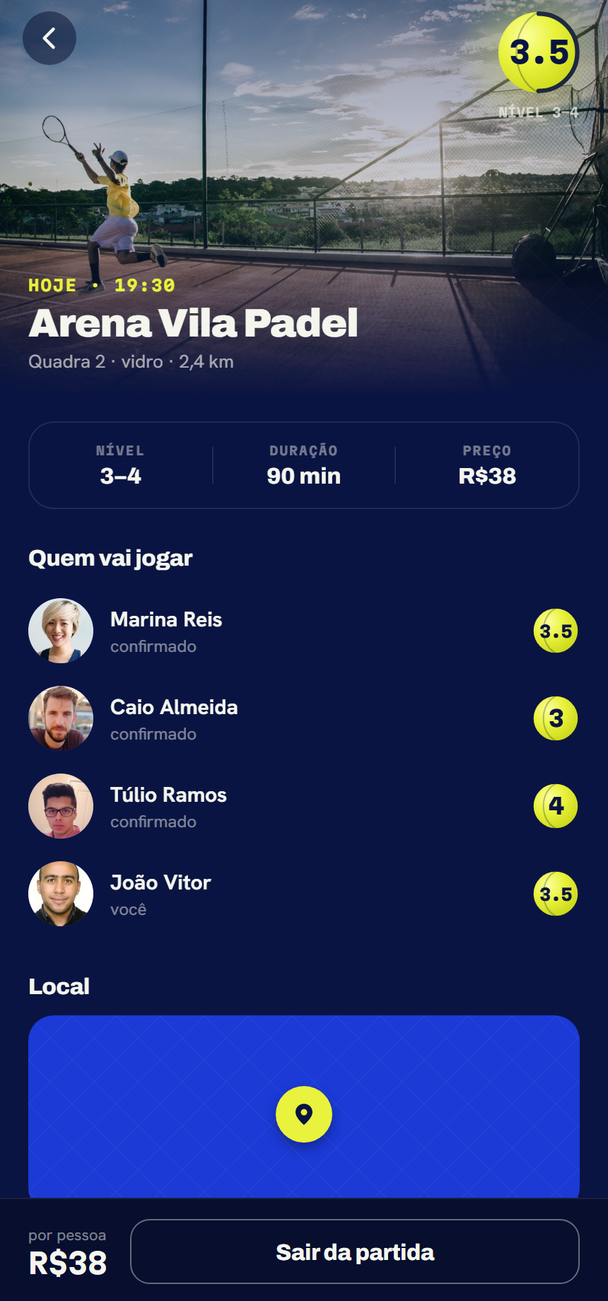 Tela de detalhe de uma partida no app Bora