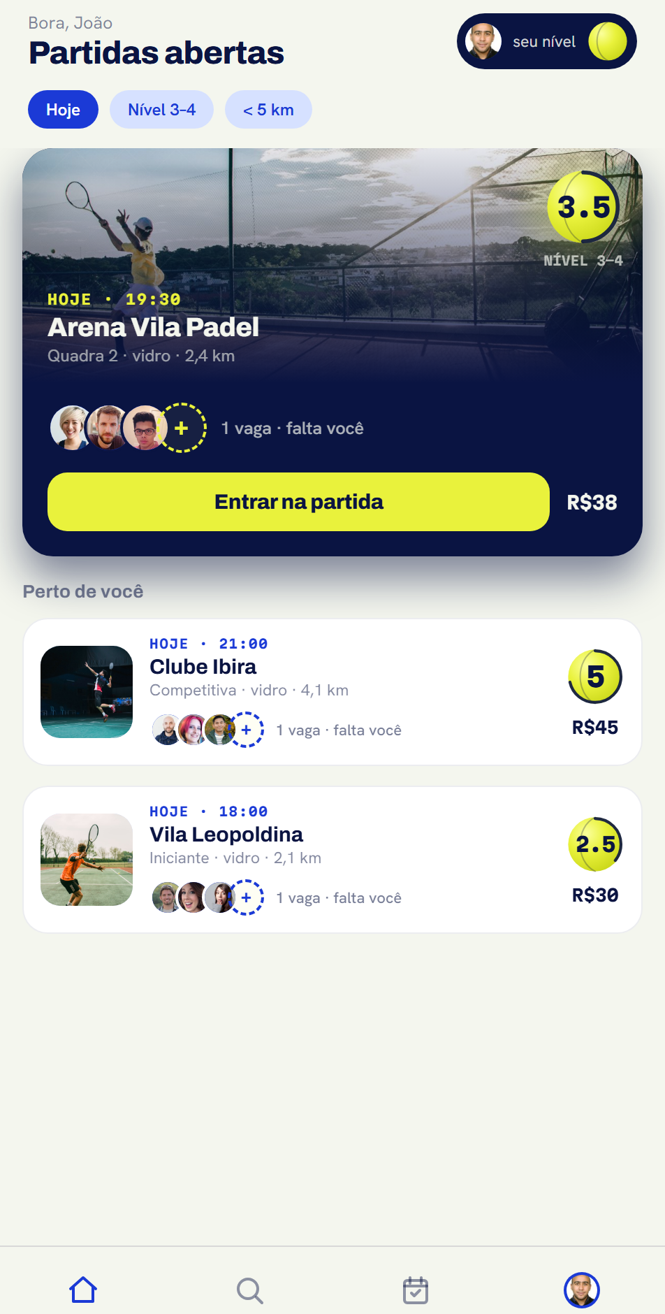Tela inicial do app Bora com partidas abertas