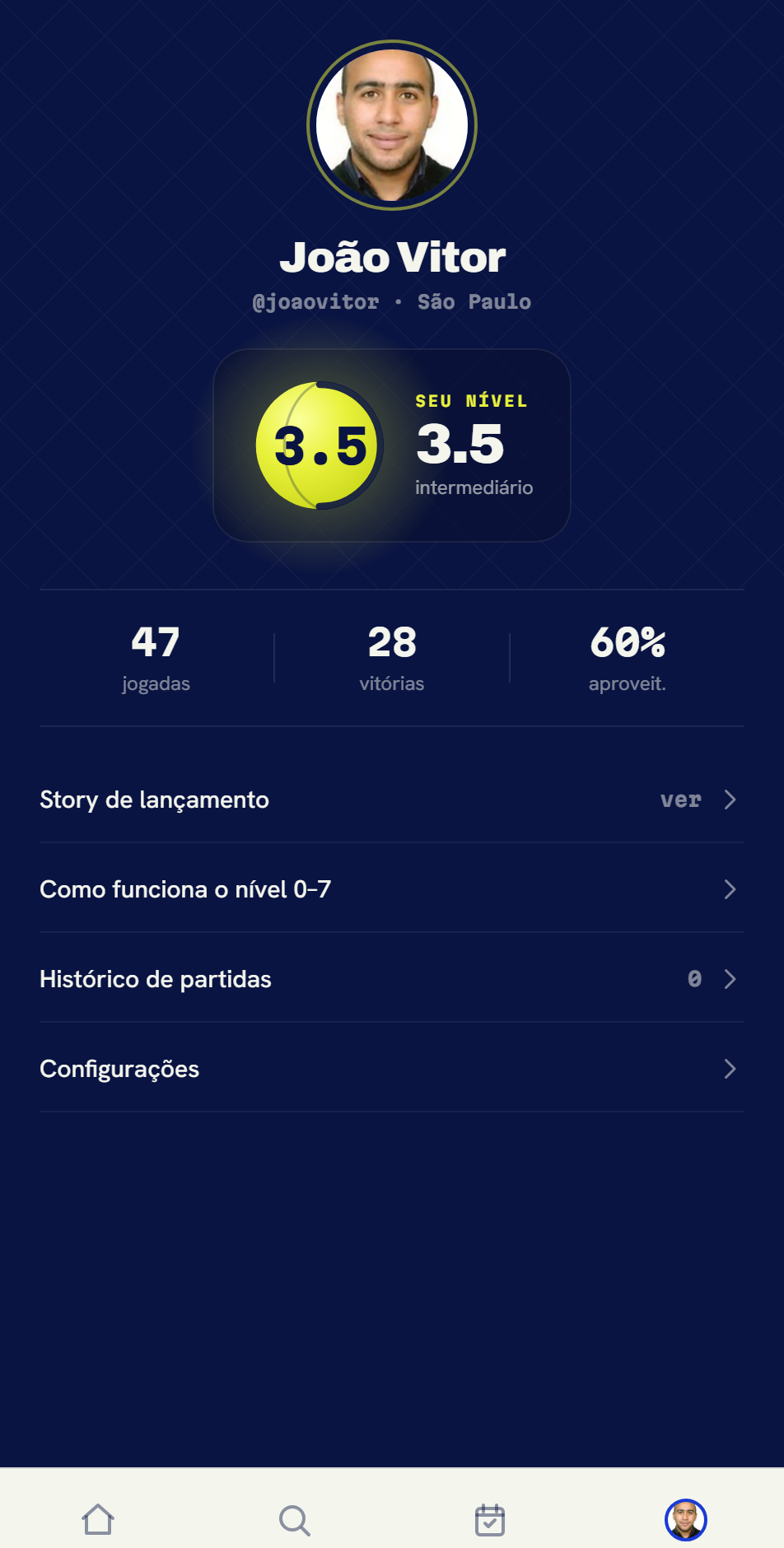 Tela de perfil com o nível do jogador no app Bora